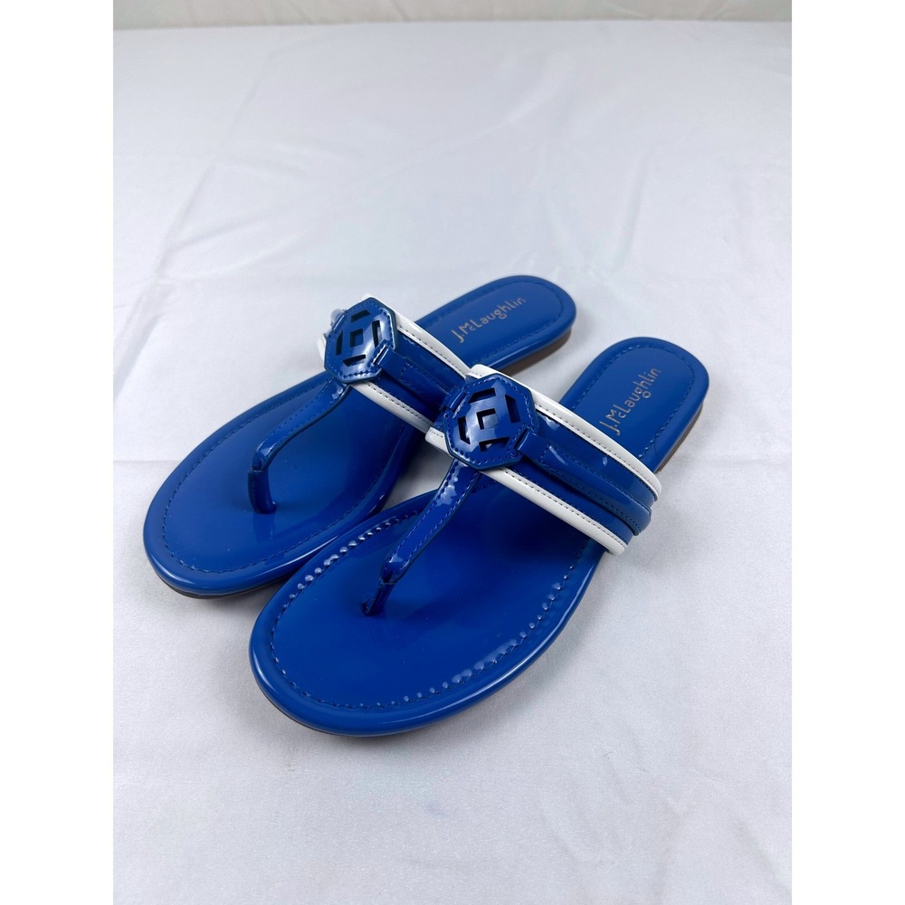 J.McLaughlin Royal Blue Patent Leather Thong Sandals White Trim Medallion Flat